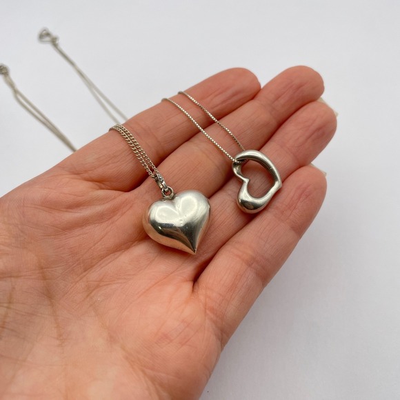 Set Sterling Silver Heart Necklaces Bundle Puffy Heart Hollow Heart Jewelry Set - Picture 11 of 12